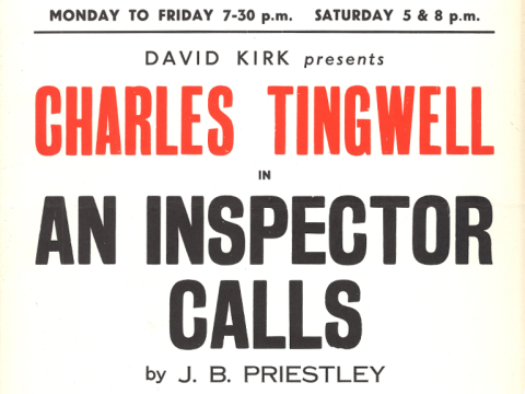 An old poster for An Inspector Calls at the Alhambra Theatre with the title in black text.